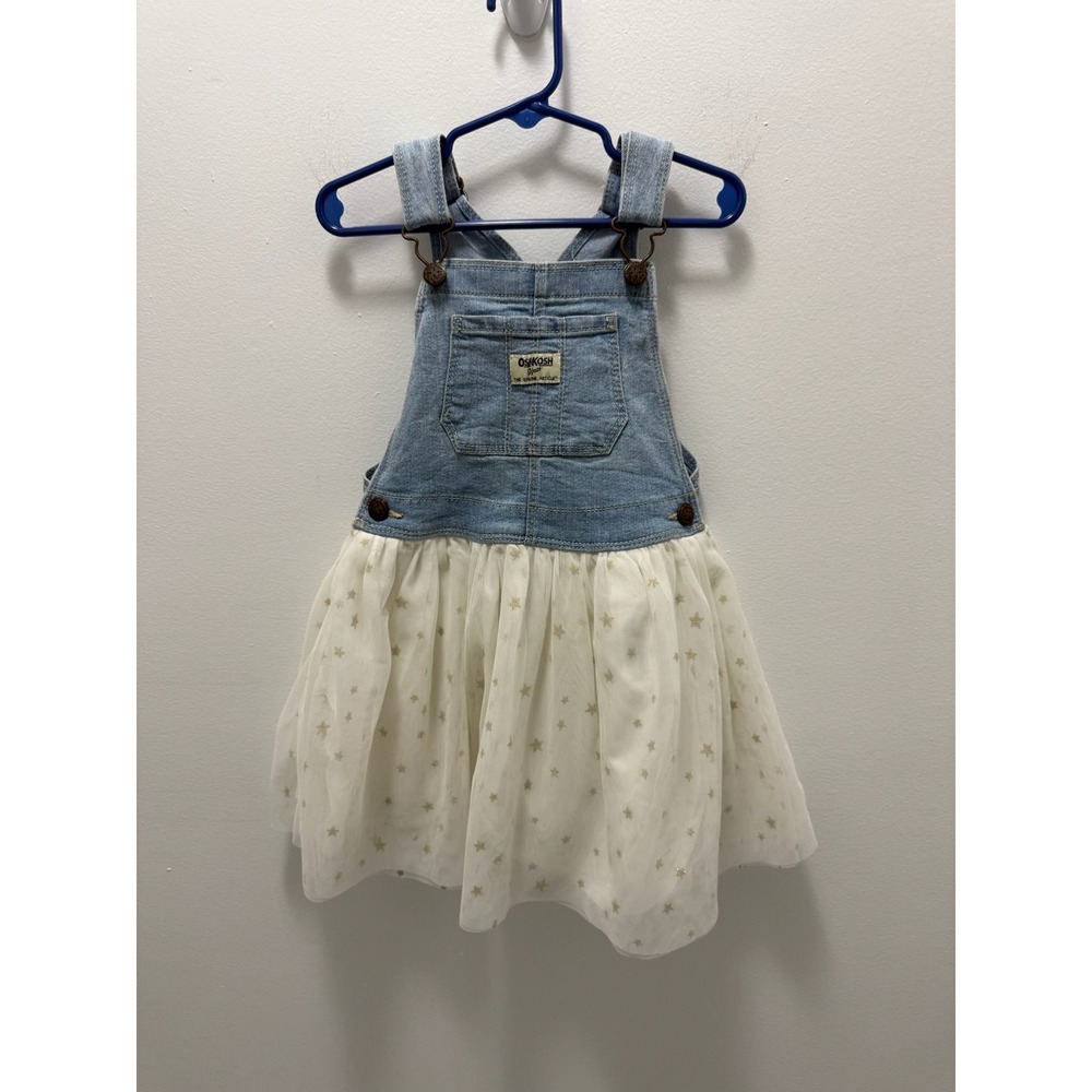 OshKosh Bgosh Girls 5T Denim Tulle Star Overall Jumper Dress Light Wash Blue